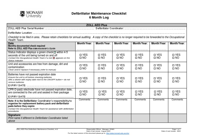 Defibrillator Maintenance Checklist ZOLL AED Plus 2020 PDF