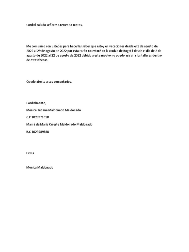 Aviso de Vacaciones de Mónica Maldonado | PDF