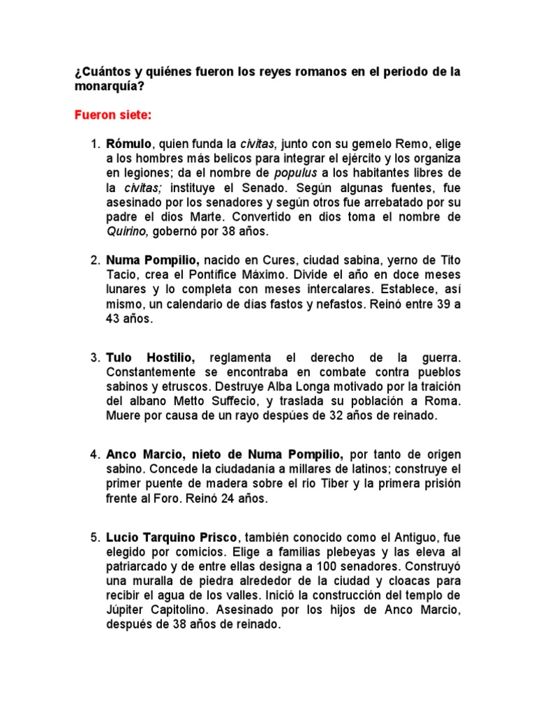 Reyes de la Monarquía Romana: 7 Monarcas | PDF
