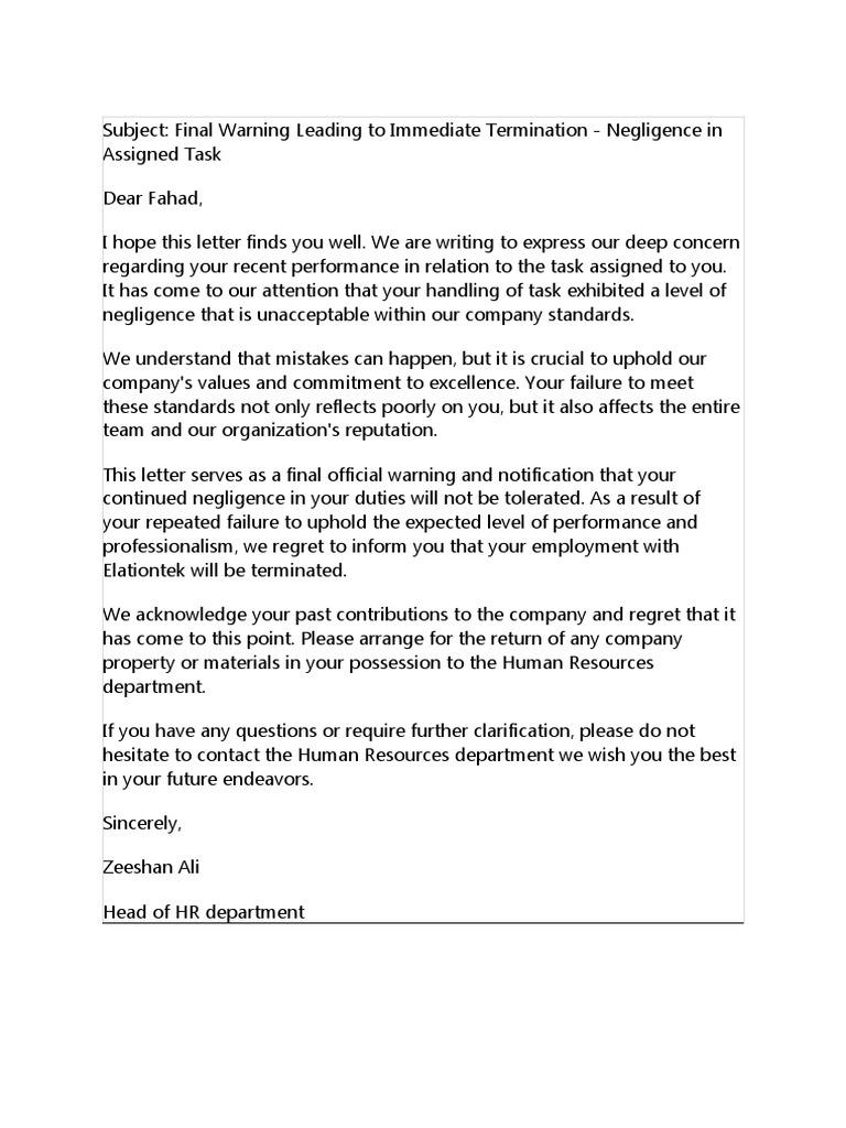 Final Warning: Immediate Termination Notice | PDF