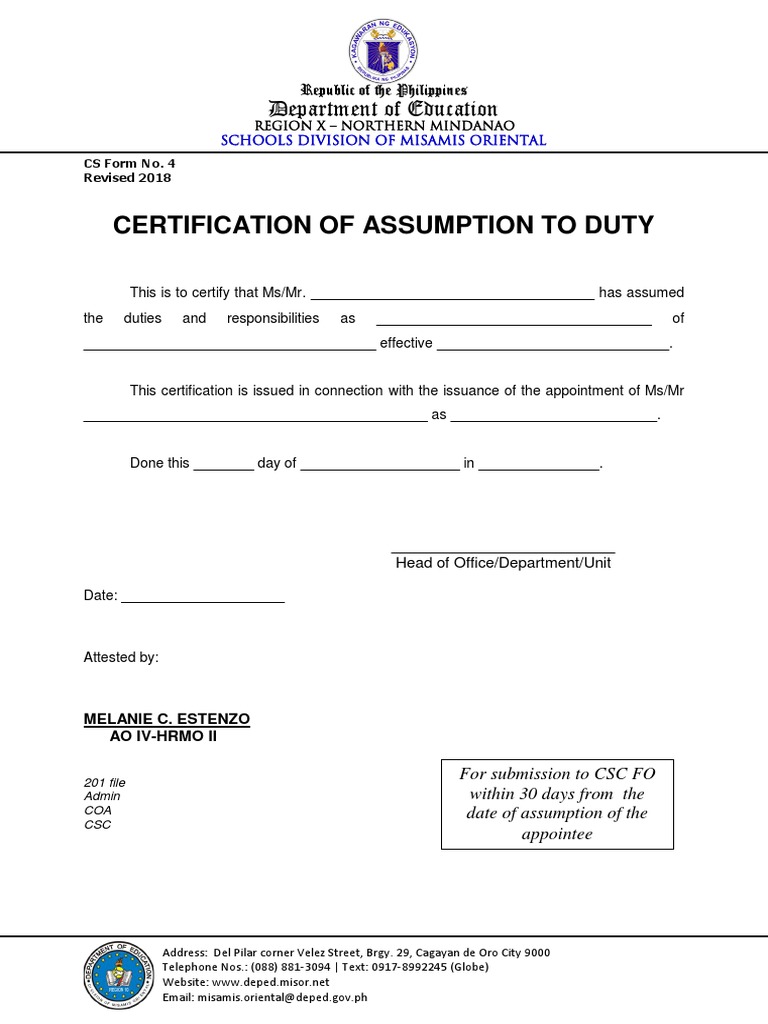 Cs Form No 4 Certificate Of Assumption To Duty