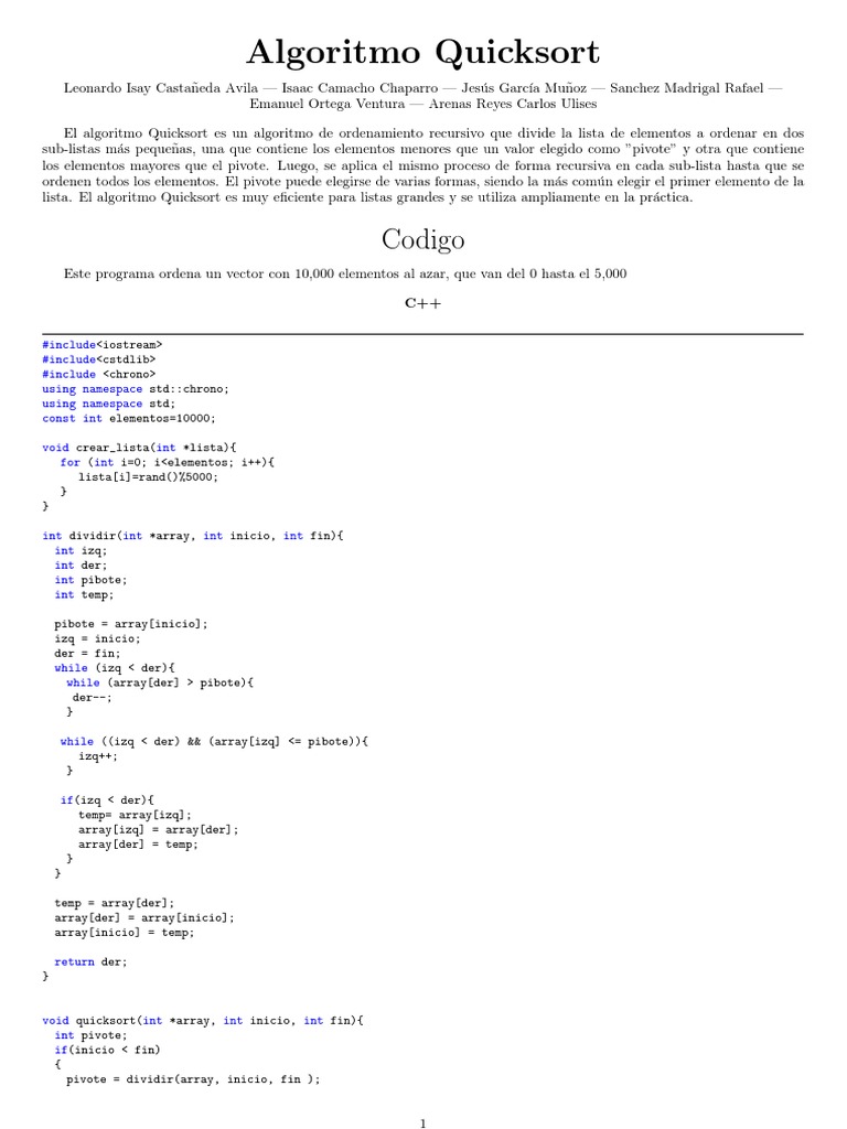 Algoritmo Quicksort en C++: Eficiencia y Código | PDF | C ...