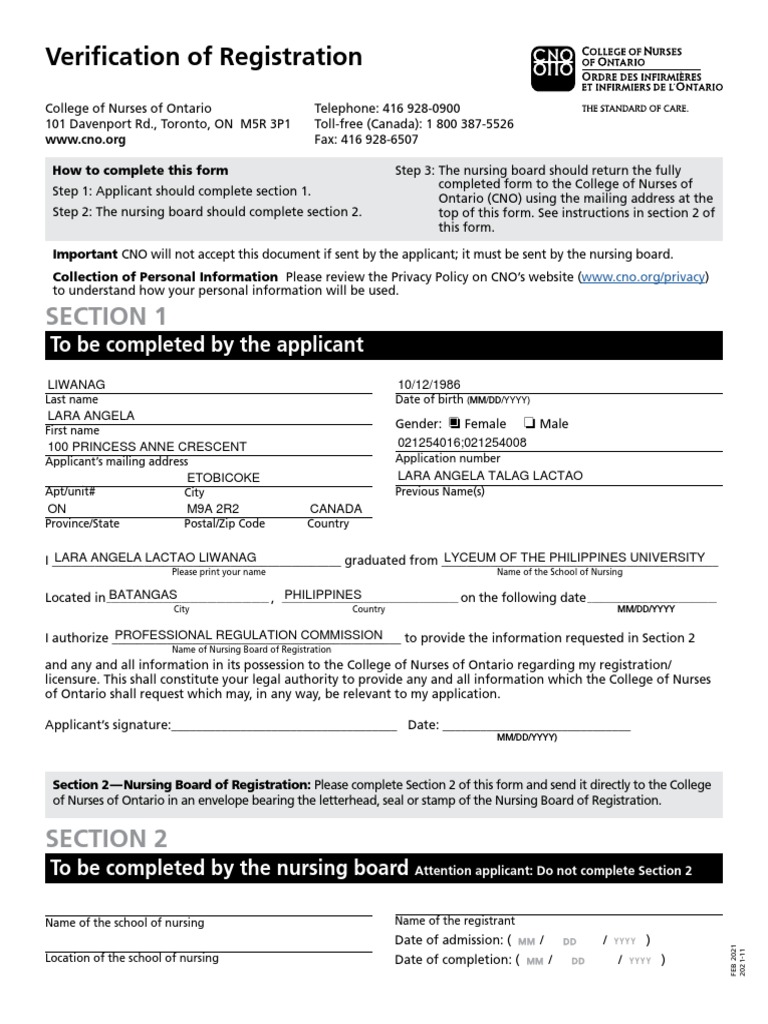 CNO Registration Verification Form | PDF | Licensure | Nursing