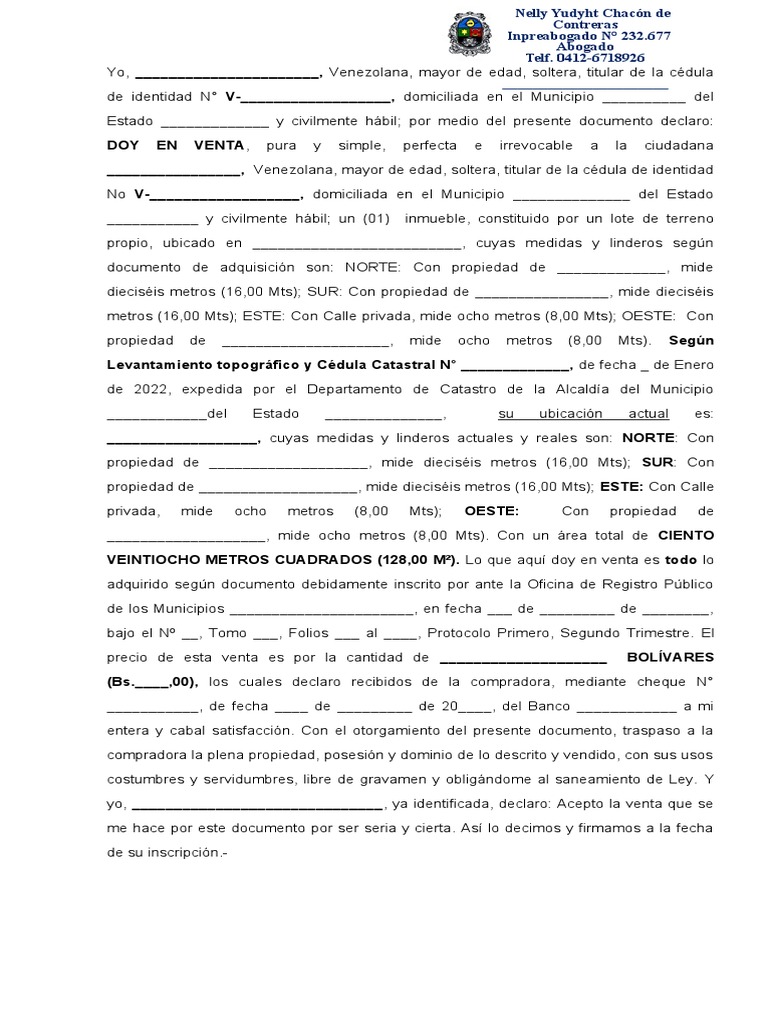 Modelo Documento Venta De Terreno Pdf