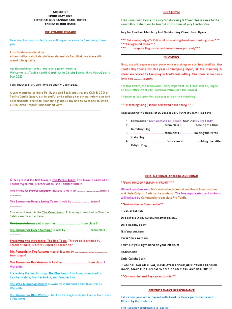 Sports Day 2020 MC Script for Tadika Cerdik Qaseh | PDF | Semitic Words ...