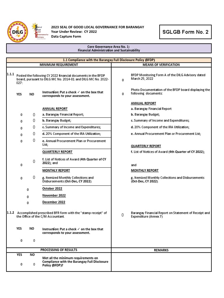 Final 2023 SGLGB Form 2 Data Capture Form DCF | PDF