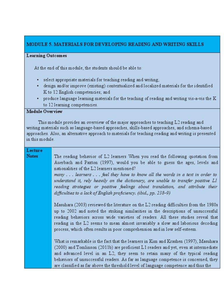 L2 Reading & Writing Materials Guide | PDF | Fluency | Reading ...