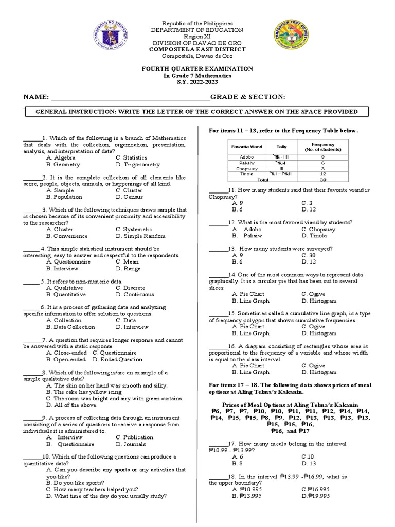 Grade 7 Mathematics Exam: Statistics | PDF | Mode (Statistics) | Histogram
