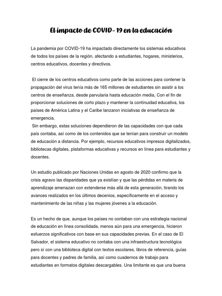 Impacto del COVID-19 en la educación | PDF | Enseñando | Aprendizaje