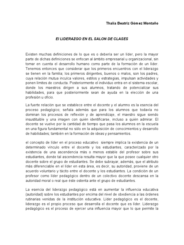 Liderazgo en El Salon de Clases | PDF | Liderazgo | Pedagogía