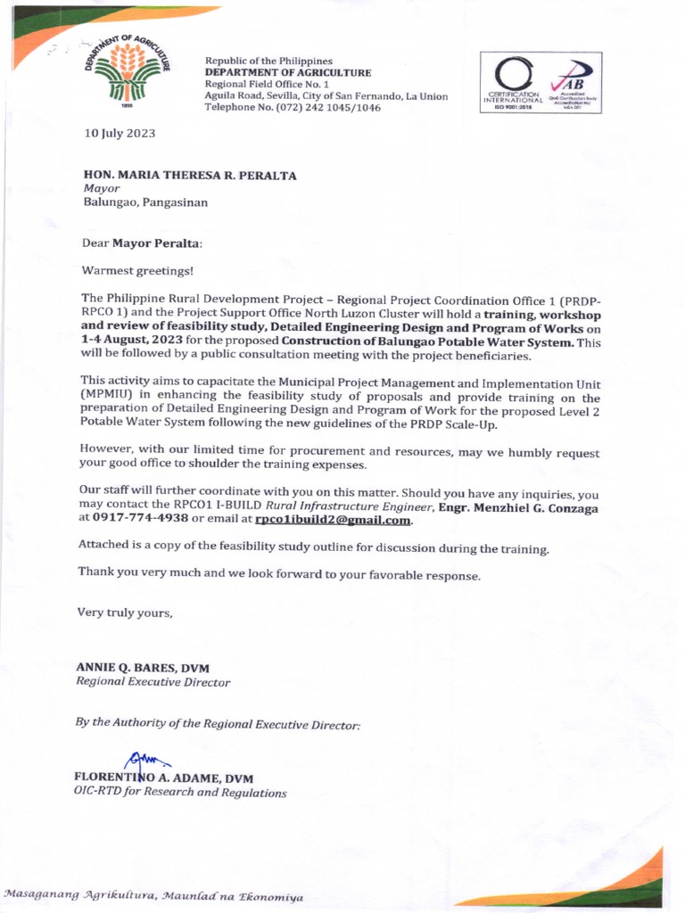 Letter To Balungao Pangasinan Re Conduct of FS DED and POW Training | PDF