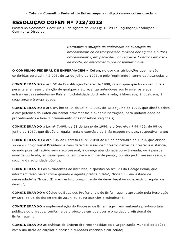 Cofen conselho federal de enfermagem resolu o cofen 723 2023