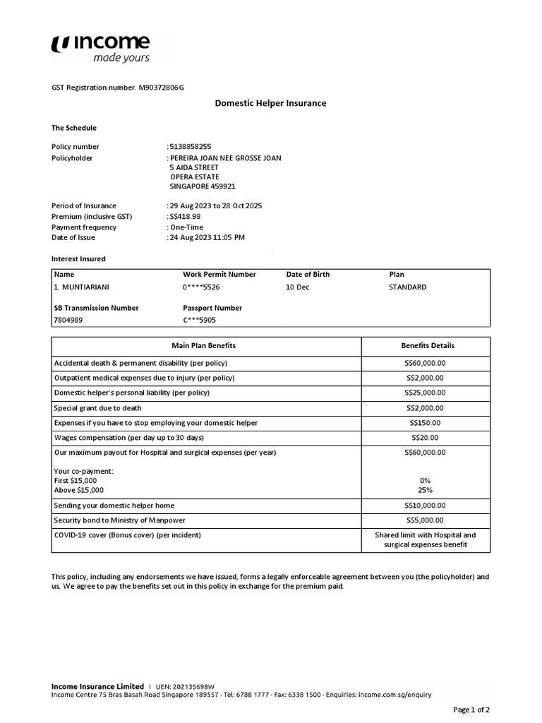NTUC Domestic Helper Insurance Policy | PDF | Insurance | Business
