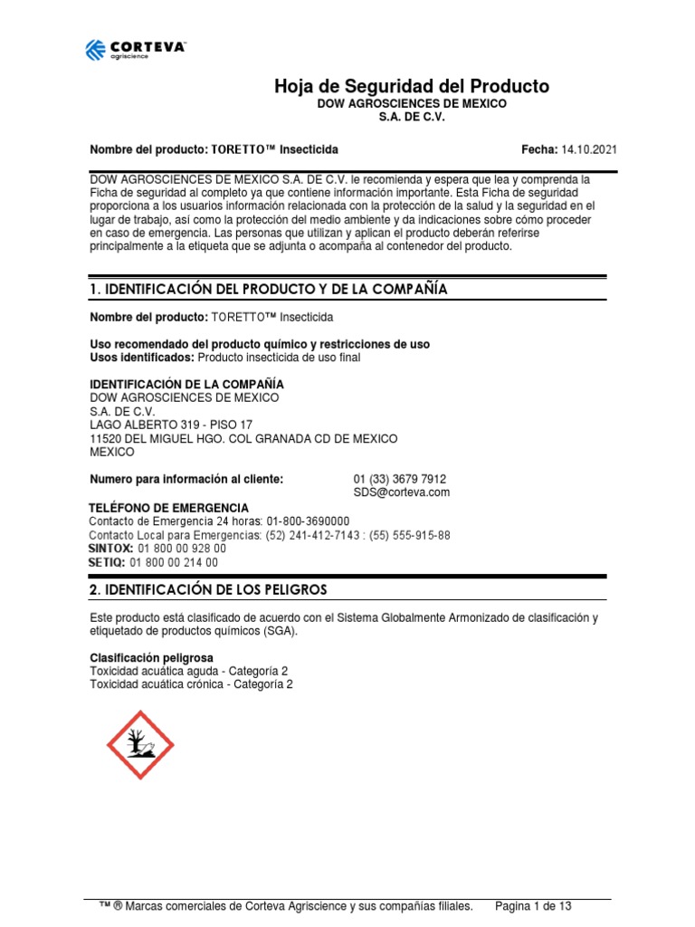 Toretto - SDS MX | PDF | Agua | Gases