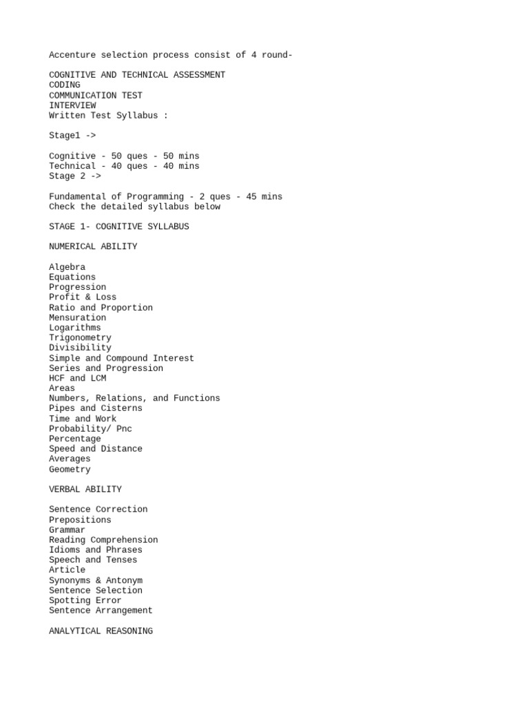Accenture Cognitive & Technical Assessment Guide | PDF | Reason ...