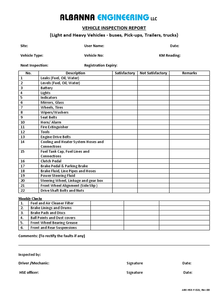 F021LIGHT HEAVY Vehicle Inspections CHECKLIST PDF
