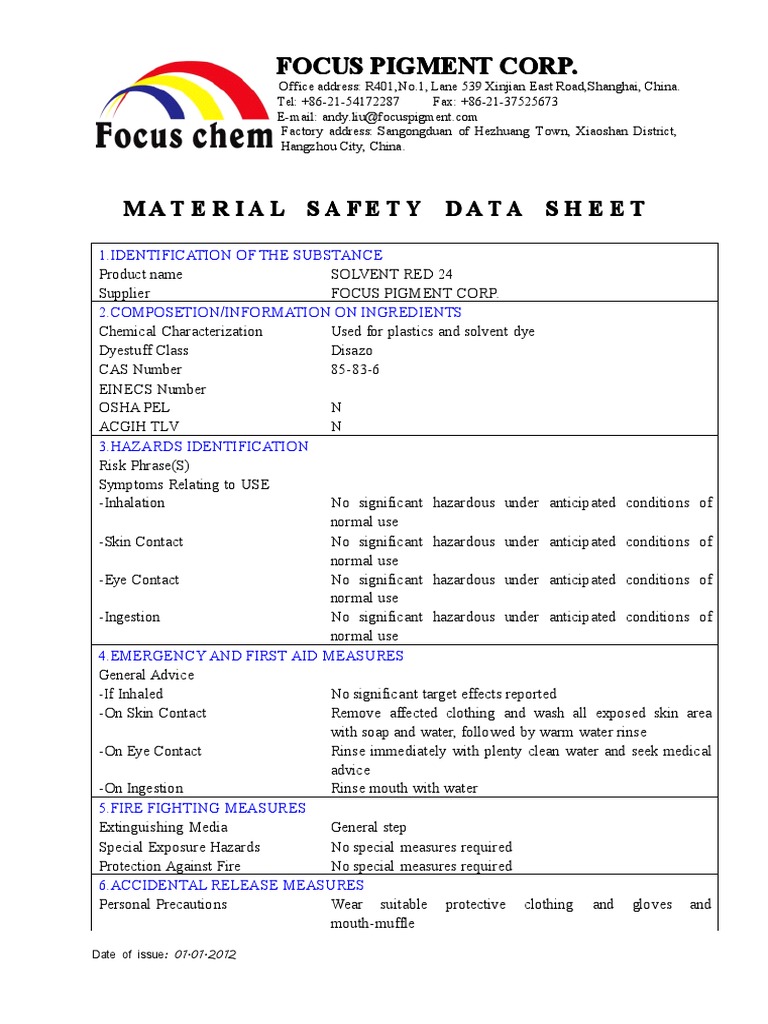 MSDS Solvent Dye Red 24 PDF Hazards Water