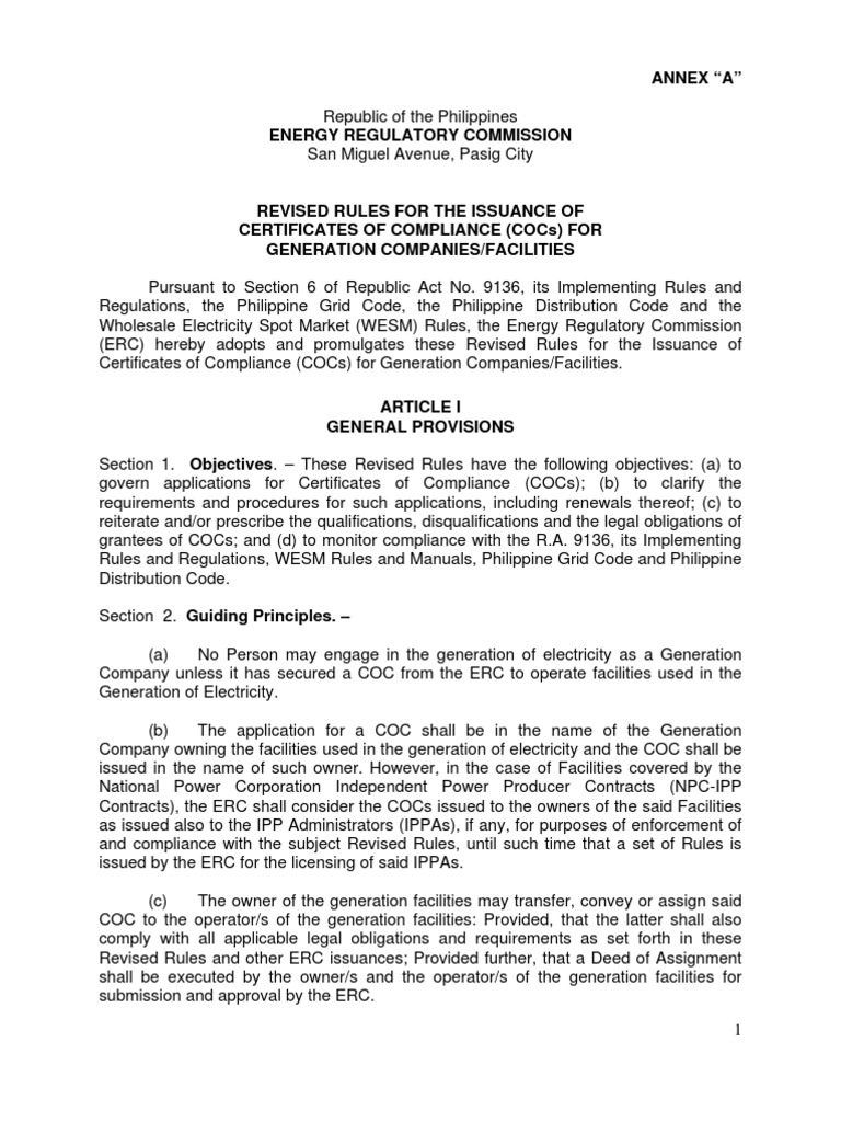 Revised COC Rules for Generation Companies | PDF | Electrical Grid ...