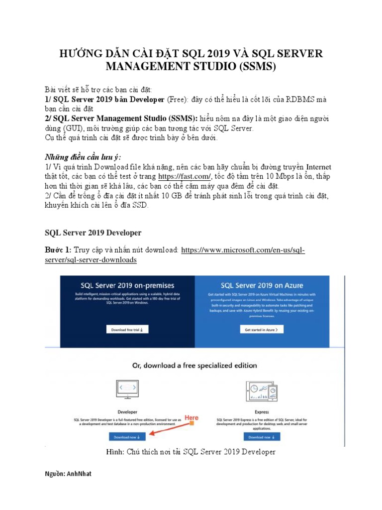 Hướng Dẫn Cài Đặt Sql 2019 Và Sql Server Management Studio (Ssms) | PDF
