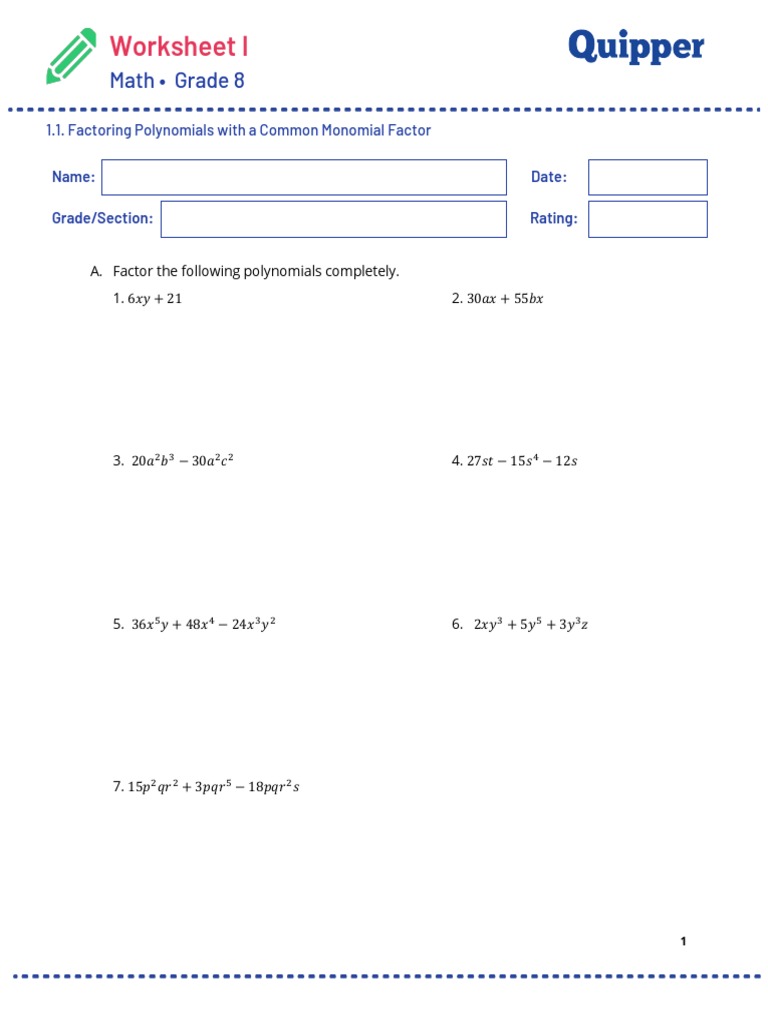 Grade 8 Math: Factoring Polynomials | PDF | Language Arts & Discipline ...