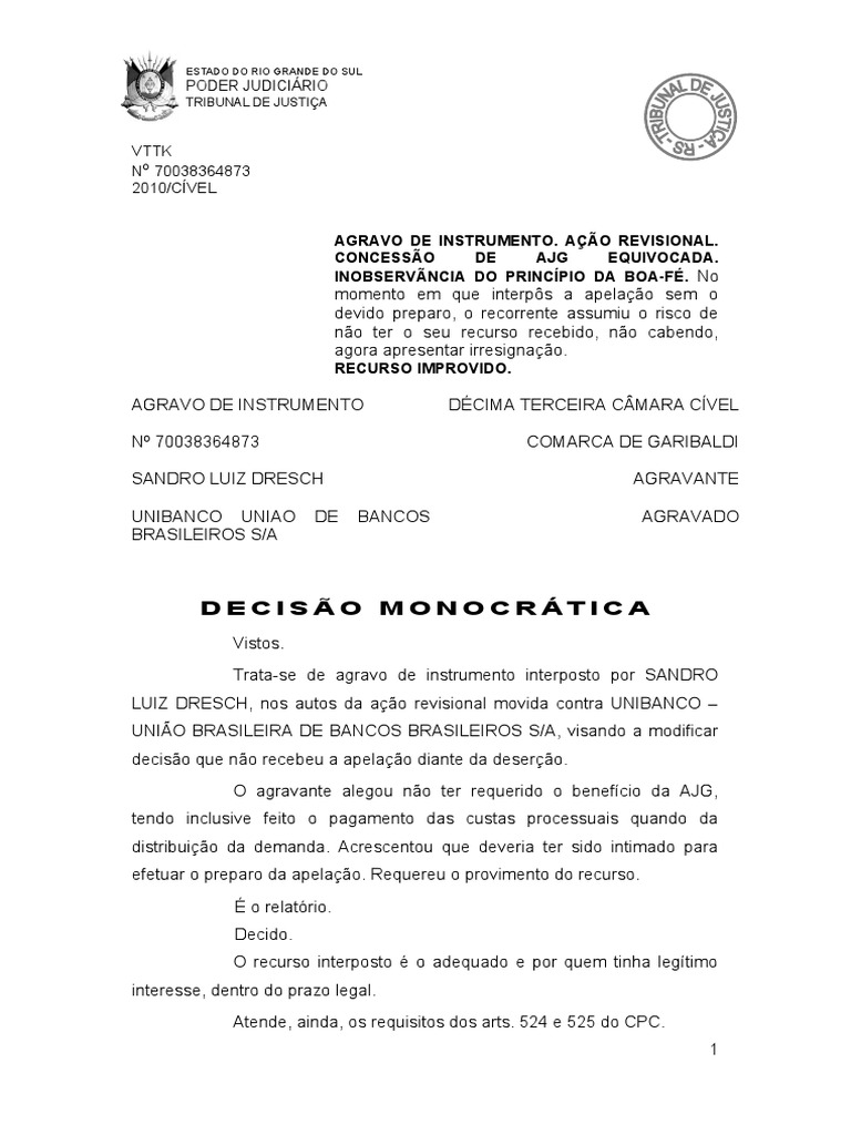 Decisão Monocrática: VTTK N 70038364873 2010/CÍVEL | PDF | Direito ...