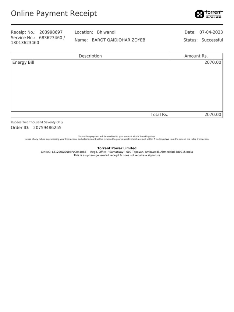 Online Payment Receipt | PDF