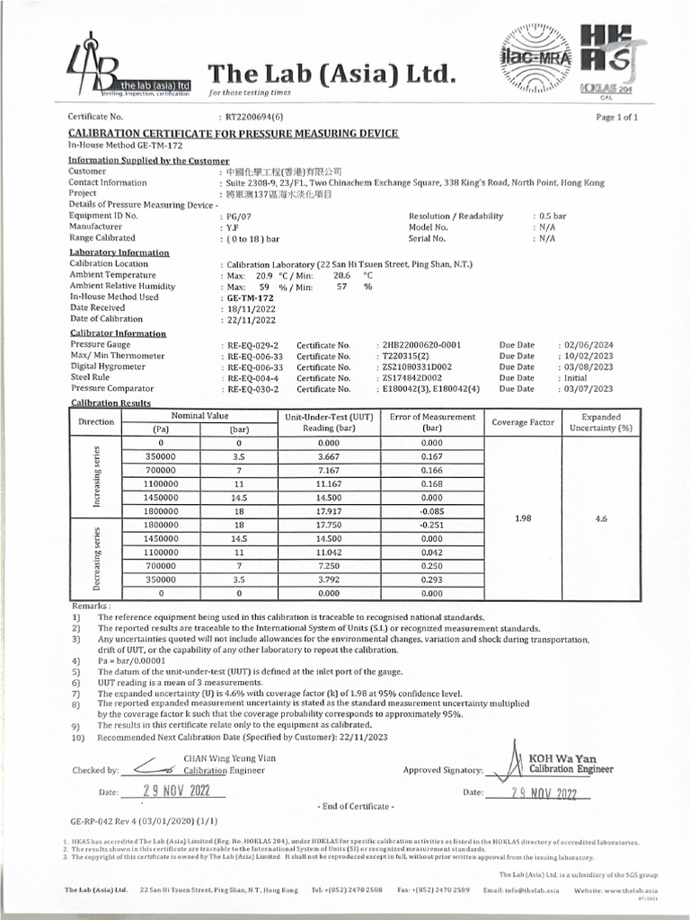 Pressure Gauge certificate 7 018 PDF