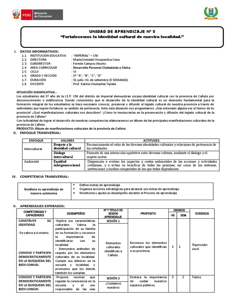 V Unidad - DPCC 2°-Agosto | PDF | Las emociones | Aprendizaje