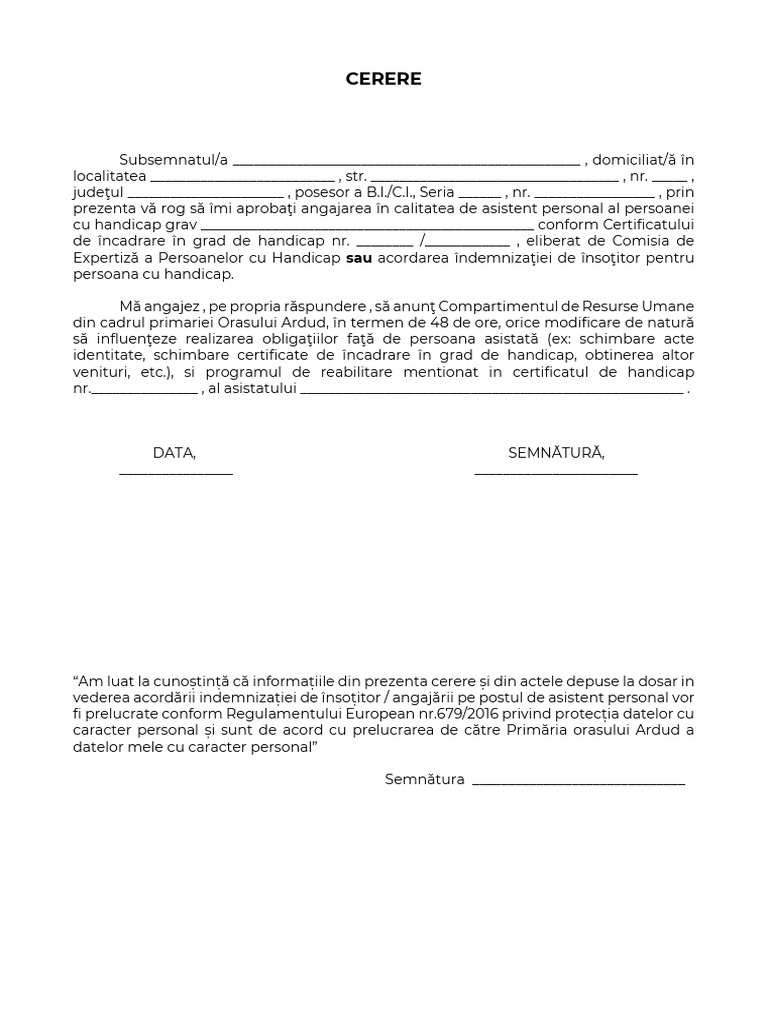 Cerere Angajare Asistent Personal Pentru Persoana Cu Handicap Grav Form ...