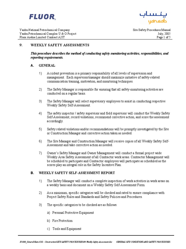 Weekly Safety Assessment Procedures | PDF | Audit | Personal Protective ...