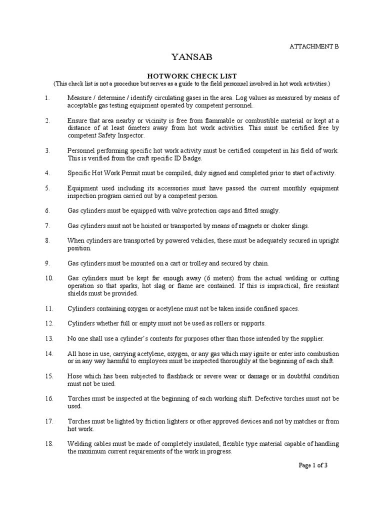 28b Hotwork Check List | PDF | Welding | Construction