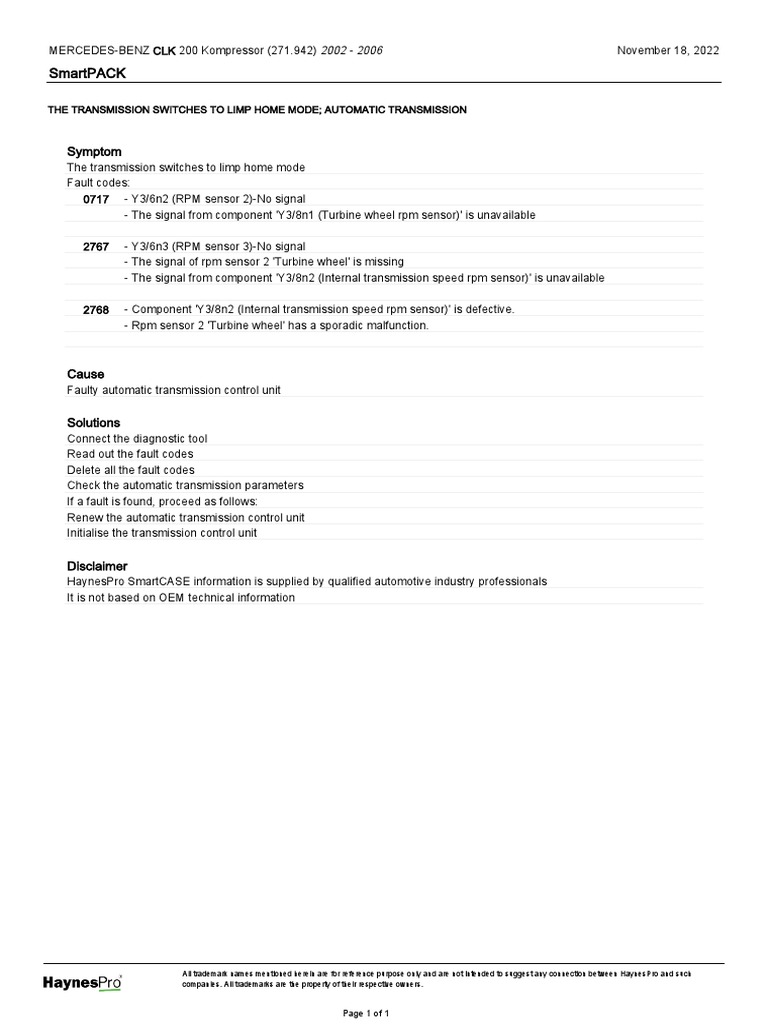 MercedesThe Transmission Switches To Limp Home Mode Automatic