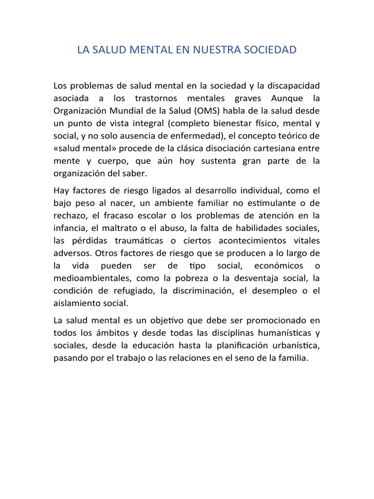 La Salud Mental en Nuestra Sociedad | PDF