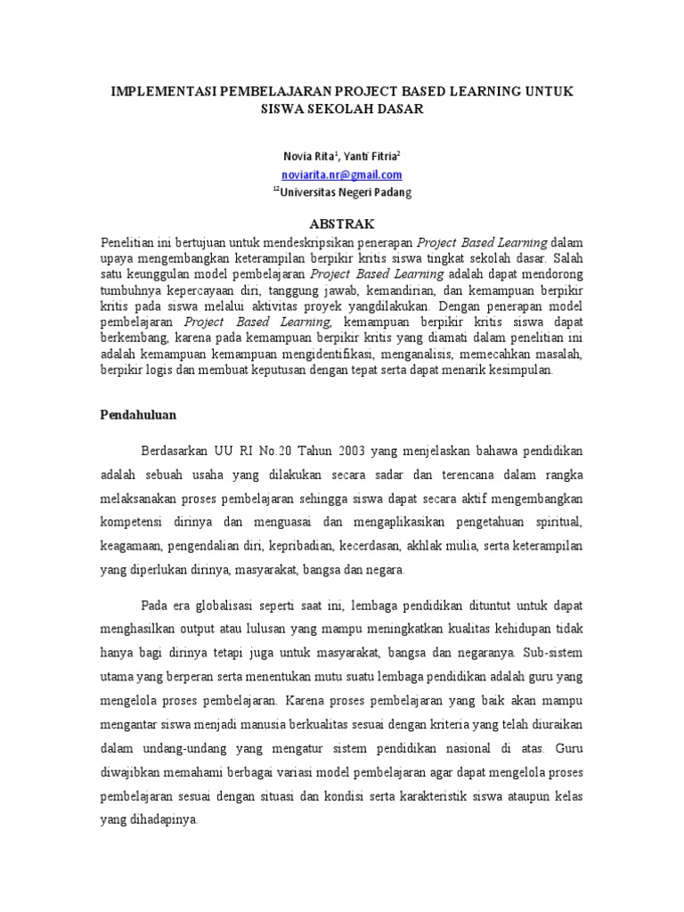 Implementasi Pembelajaran Project Based Learning Untuk Siswa Sekolah