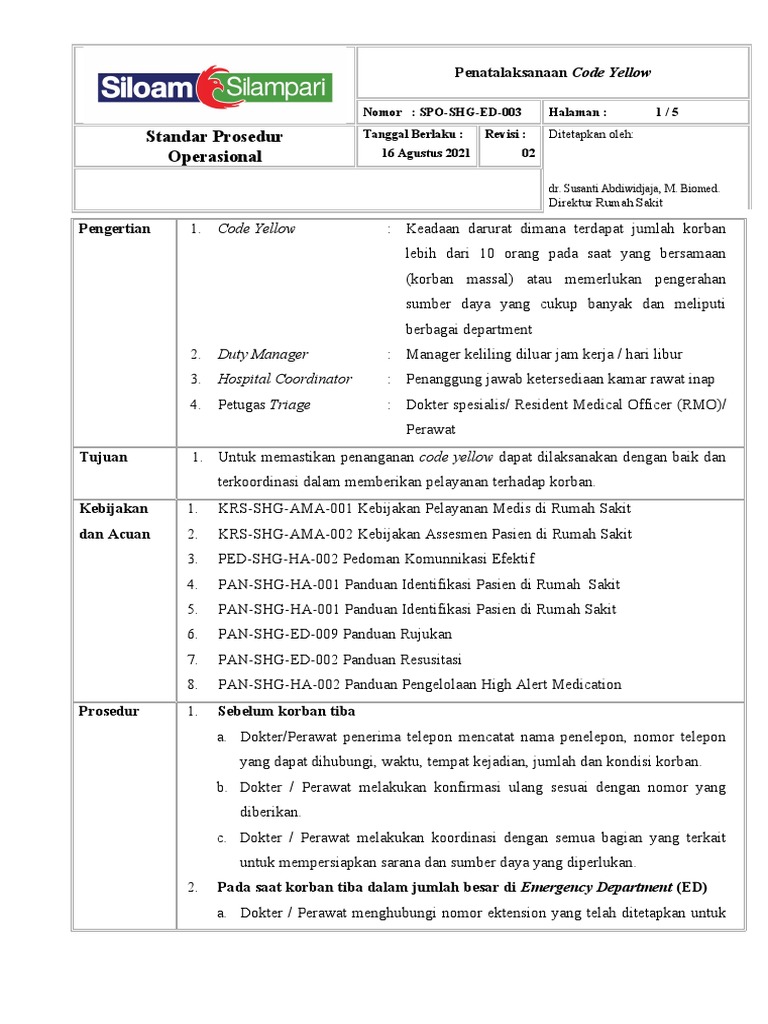 SPO-SHG-ED-003 SPO Penatalaksanaan Code Yellow - Rev02 - 13082021 | PDF
