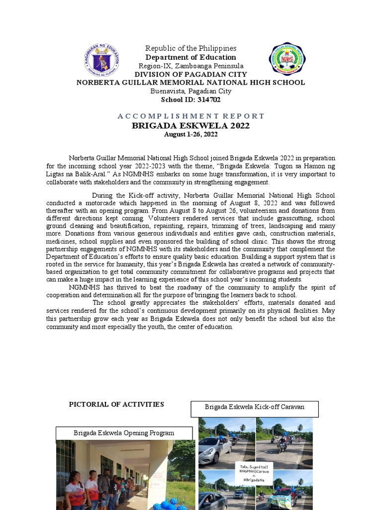 Brigada eskwela 2022 accomplishment report pdf