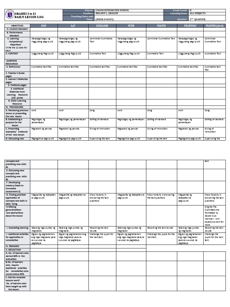 Grade 2 DLL Week 8, 2nd Quarter | PDF | Learning | Human Communication
