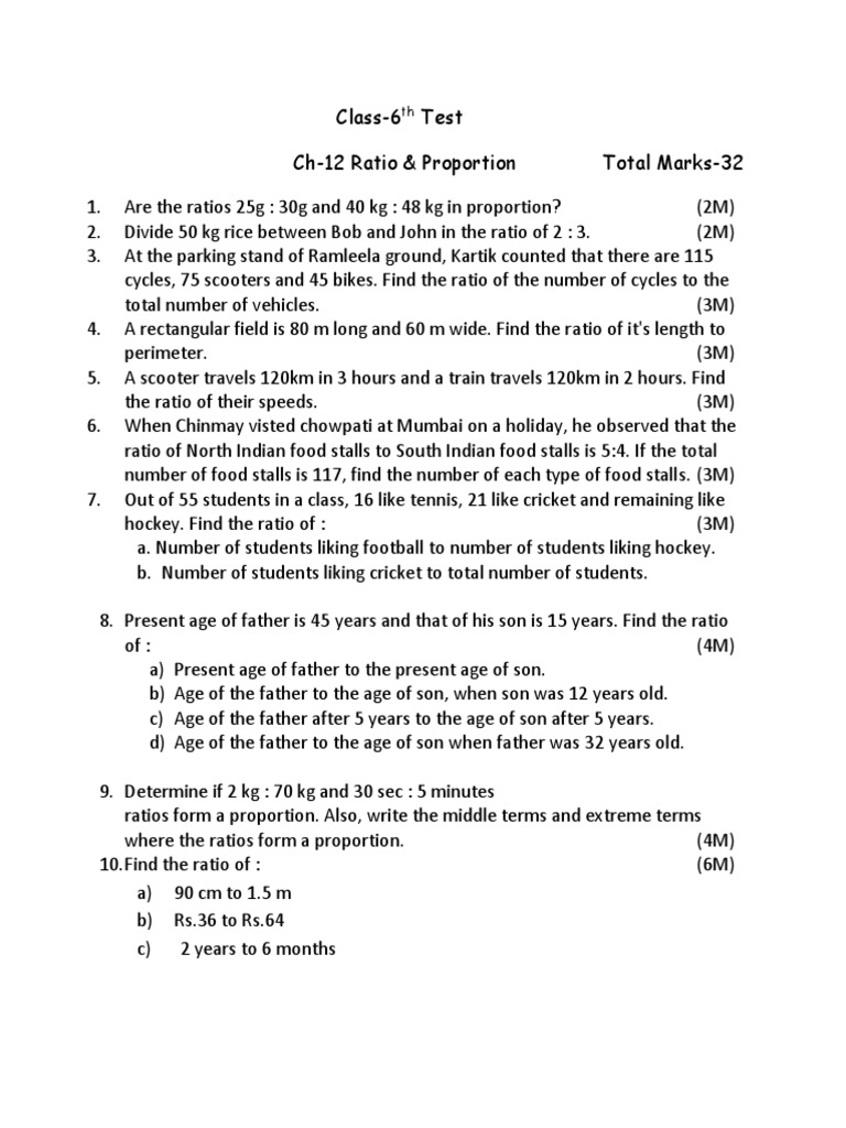 Class 6th Test Practice Of Ratio Proportion Pdf