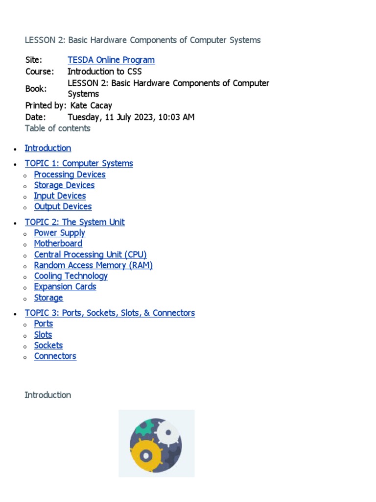 LESSON 2 Basic Hardware Components of Computer Systems PDF Computer