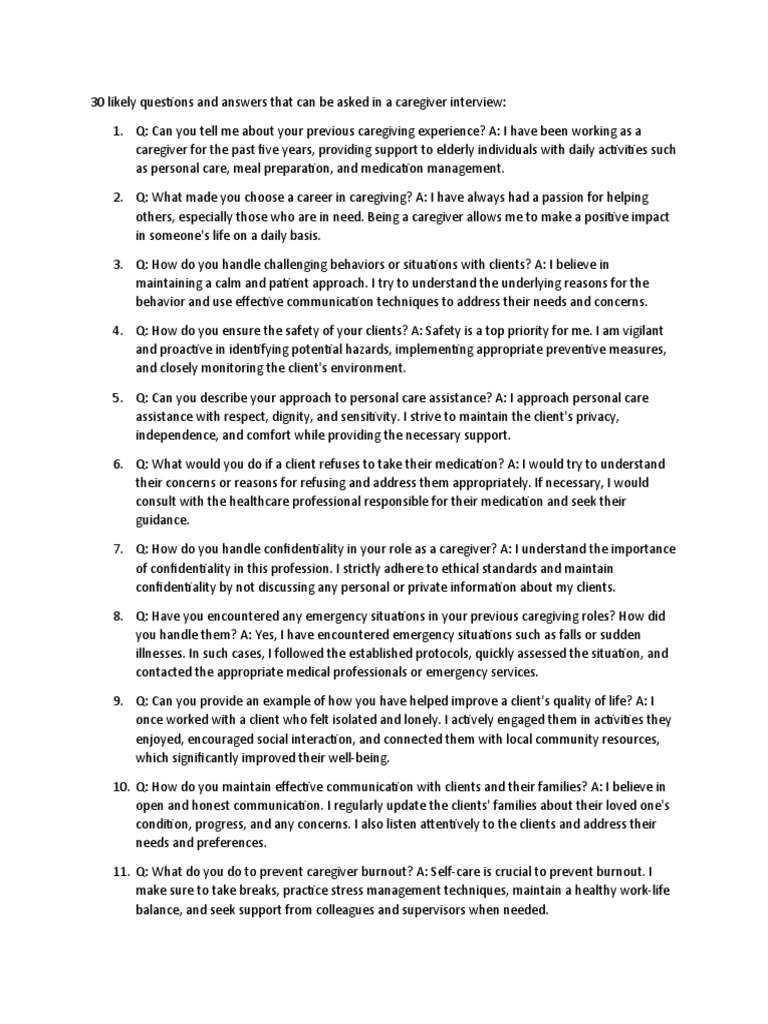 30 Likely Questions and Answers That Can Be Asked in A Caregiver Interview PDF Caregiver