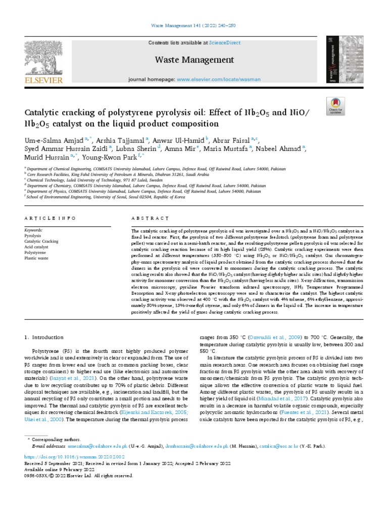 Catalytic Cracking of Polystyrene Oil | PDF | Pyrolysis | Catalysis