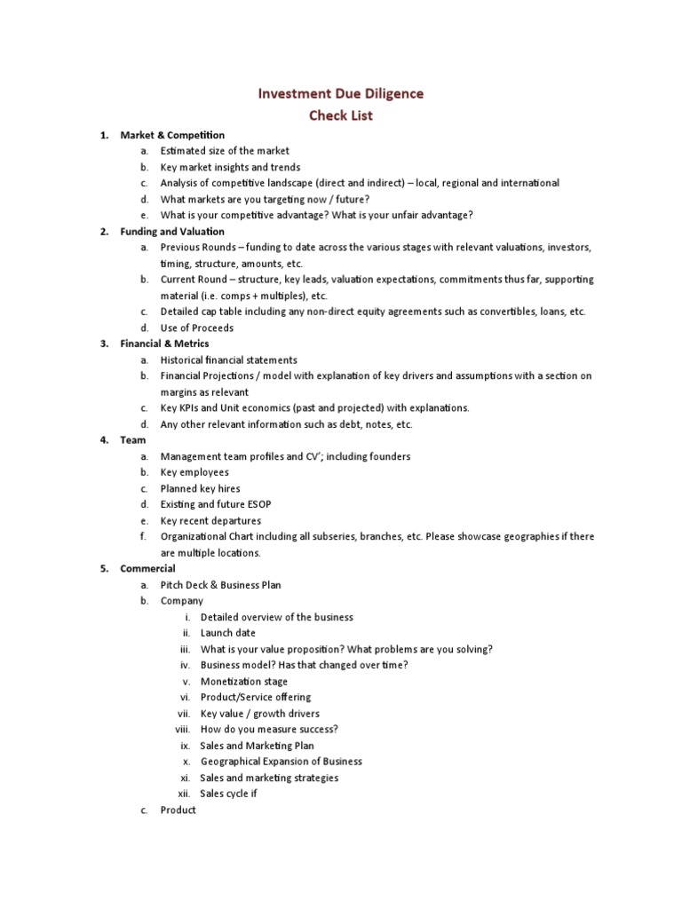 Due Diligence CheckList PDF Valuation (Finance) Business