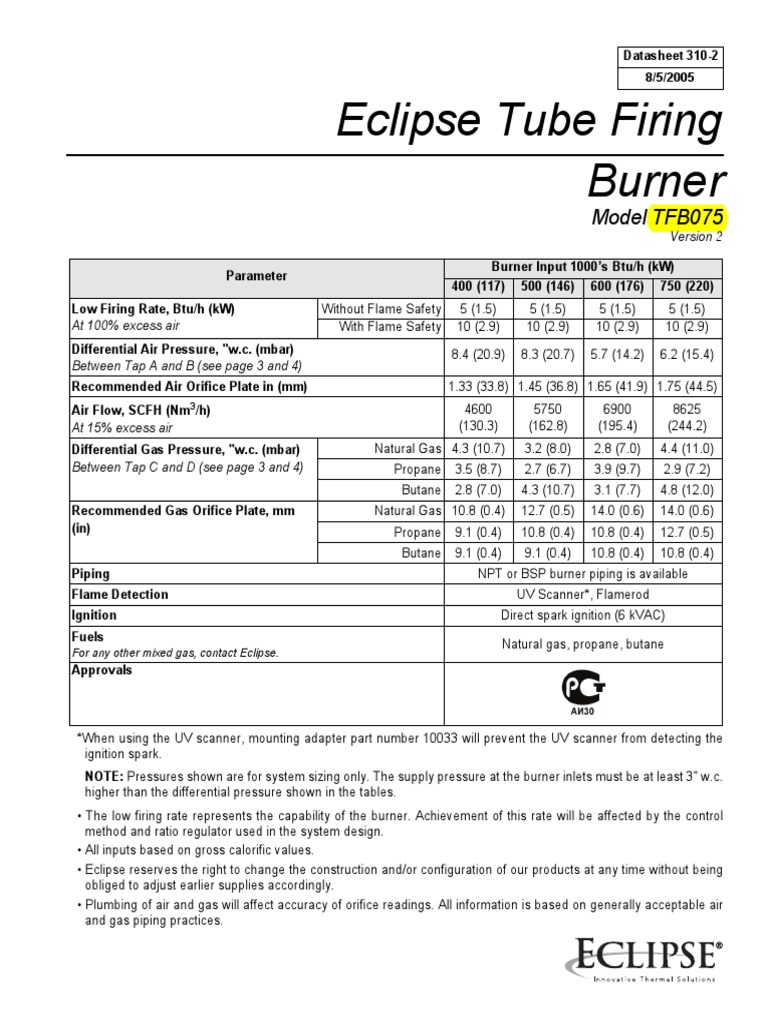 Eclipse Tube Firing Burner Model TFB075 PDF Combustion Energy