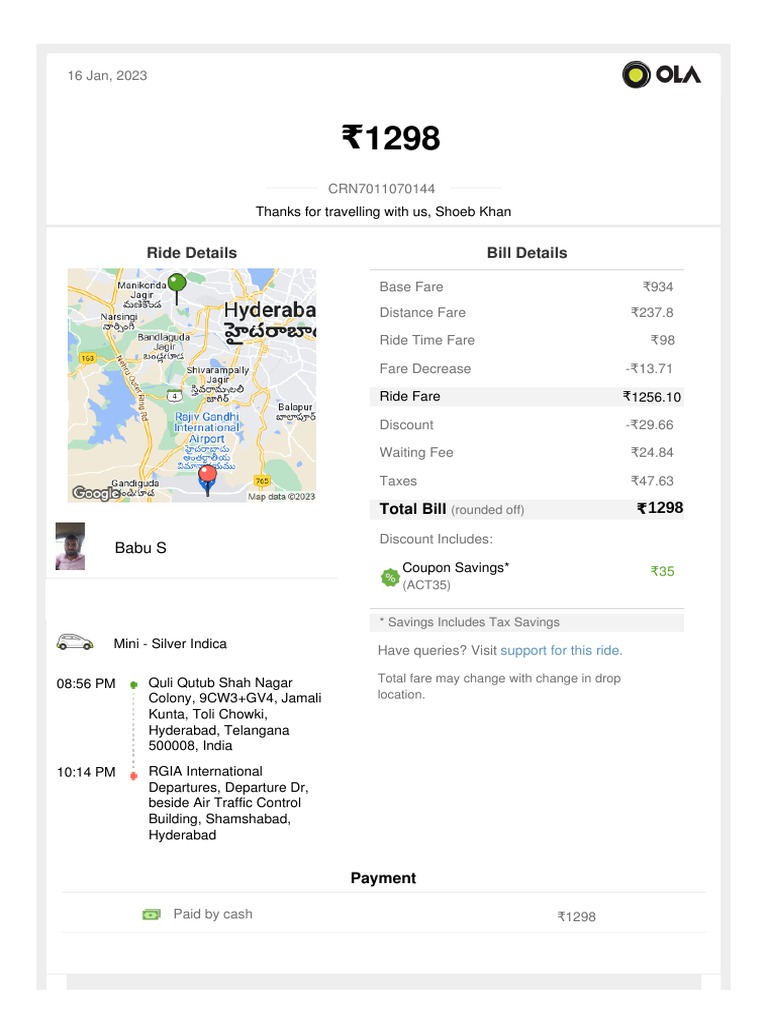 Ola Bill PDF Service Industries Money