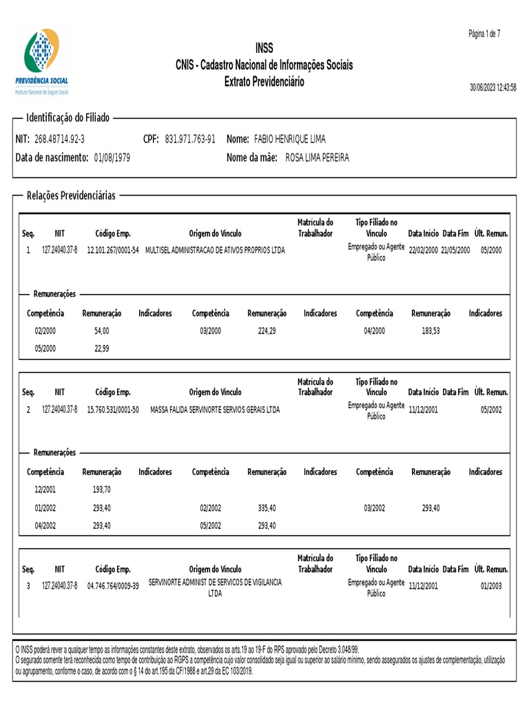 Inss CNIS - Cadastro Nacional de Informações Sociais Extrato ...