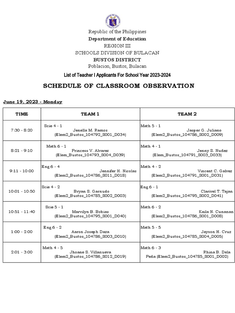 NEW Bustos Schedule of Classroom Observation of Teacher I Applicants ...