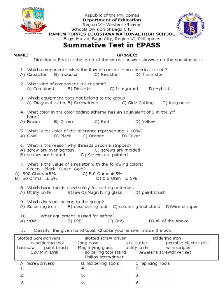 EPASS Summative Test for High School | PDF | Resistor | Electricity