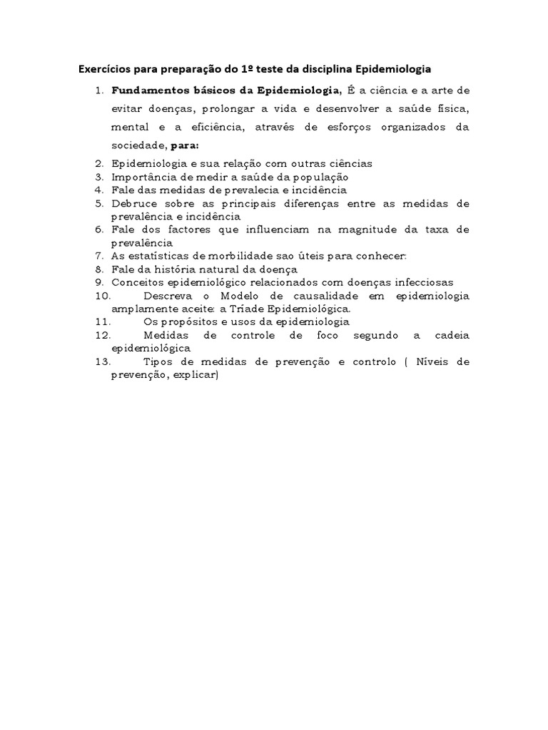 Exercícios para Preparação Do Teste 1 Epidemiologia | PDF