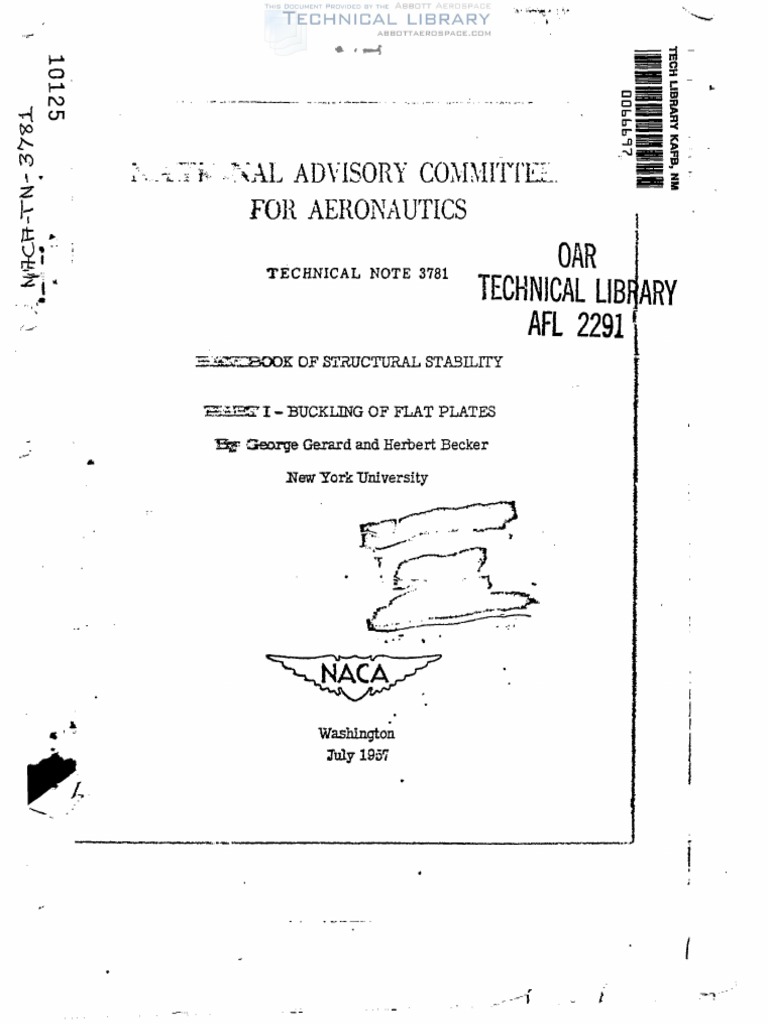 Naca Tn 3781 Handbook Of Structural Stability Part I Buckling Of Flat