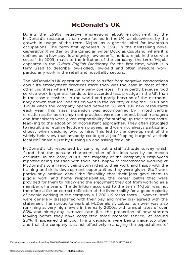 CASE 11 McDonald | PDF | Employee Retention | Turnover (Employment)